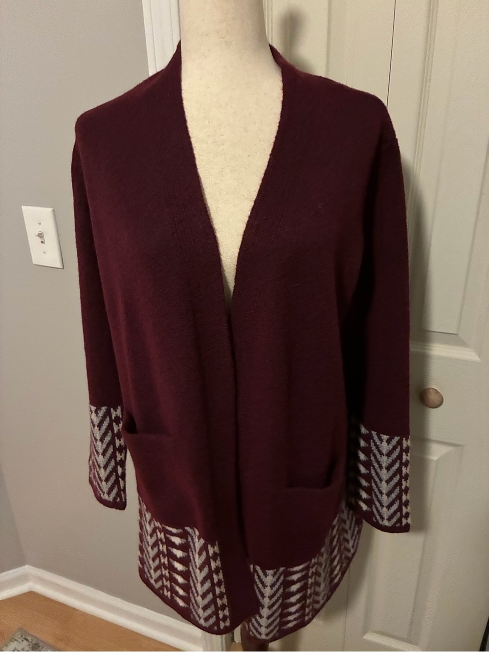 Frye Burgundy Open-Front Cardigan with Patterned Hem
